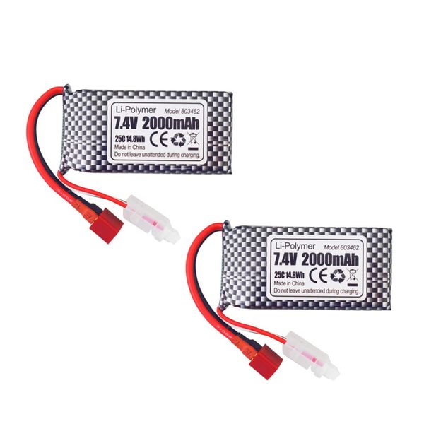 Fytoo 2PCS 7.4V 2000mAh T-Type Plug Lithium Battery for 9200 9200E 9202E 9203E 9204E 9205E 9206E 2995 YC300 HM101 HB101 25-DJ02 9125 S920 S921 WLtoys RC Car Remote Control Boat Drone