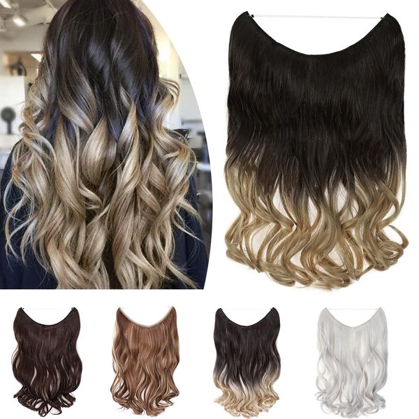 One Piece Wire In Hairpieces Matte Material Invisible Hair Extension Synthetic Wavy For Women Beauty, 20 Inch, Dark Brown to Ash Blonde