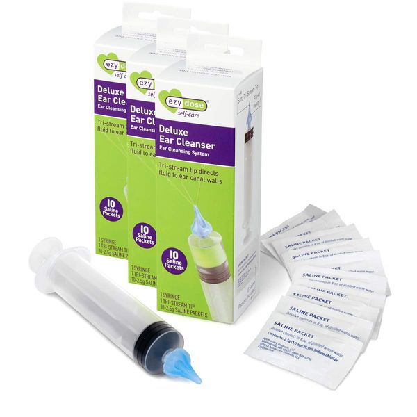 EZY DOSE Deluxe Ear Wax Removal Syringe for Ear Irrigation and Saline Packets, Bonus Pack of 3