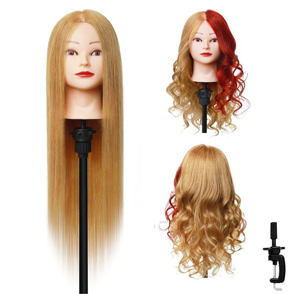 LNASI Mannequin Head 24-26 inch 100% human hair Styling Training Head Cosmetology Manikin Head Doll Head for Hairdresser with Free Clamp strawberry blonde