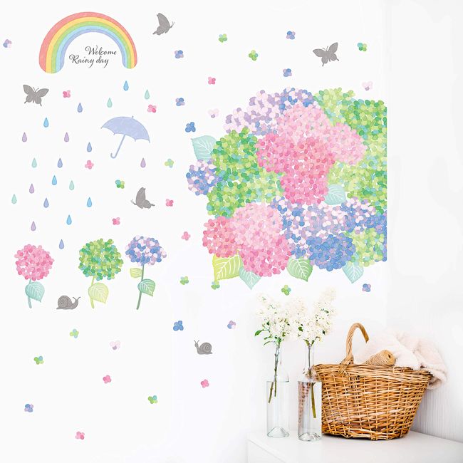 Square Shop Wall Sticker Hydrangea Saison mws0607 Hydrangea Flowers Rainy Season Rainbows Butterflies Birds Cute Decoration Decoration Decoration