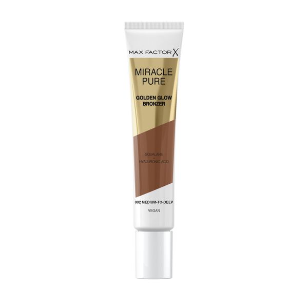 Max Factor Miracle Pure Golden Glow Liquid Bronzer 002 Medium to Deep, Sun-Kissed Skin All Year Round, Infused with Hylauronic Acid & Squalene, Creamy Formula, Vegan