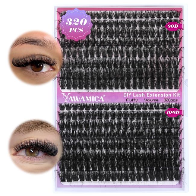 Fluffy Volume Lash Clusters 320pcs DIY Lash Extension 10-20MIX D Curl Eyelash Clusters 80D+100D Wispy Individual Lashes Cluster Eyelash Extensions DIY Lash at Home by Yawamica