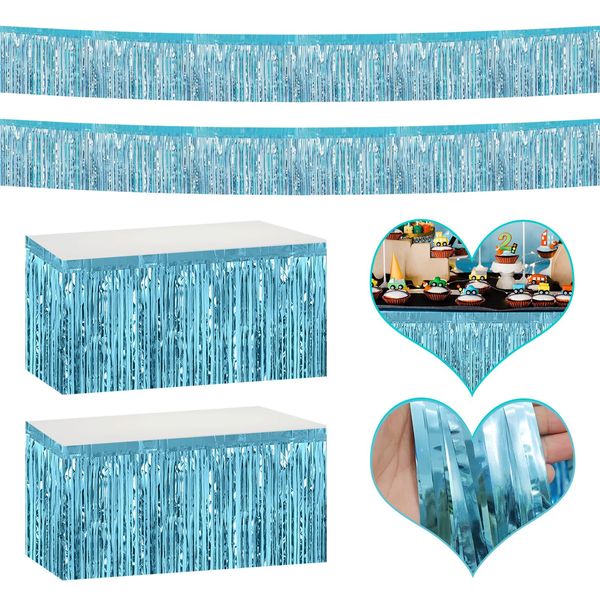 4P Metallic Foil Fringe Banner Tinsel Table Skirts for Rectangle Tables Backdrop Tinsel Banner Garland Curtains for Parade Floats Wedding Graduation Anniversary Birthday Parties Decoration(Light Blue)