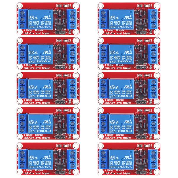 GTIWUNG 10pcs 1 Channel Relay Module 12V High Low Level Trigger with Optocoupler Redboard Compatible with High Level or Low Level Trigger