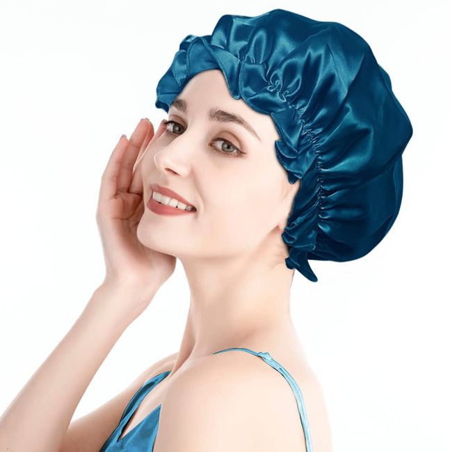 Tyuodna Schlafhaube Seide,Weiche seidenhaube zum schlafen, Atmungsaktive Silk Bonnet, Elegante Seide Nachtmütze,Nacht Schlaf Mütze, Satin Schlafmütze mit Gummizug für Damen (Pfauenblau), 18,9in