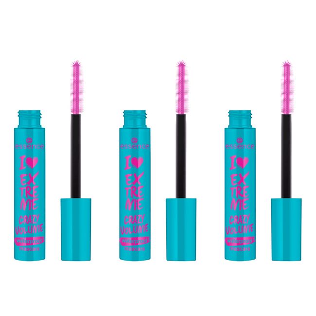 essence I LOVE EXTREME CRAZY VOLUME waterproof mascara, Schwarz, volumengebend, sofortiges Ergebnis, intensiv, vegan, wasserfest, ohne Mikroplastikpartikel, Nanopartikel frei, 3er Pack (3x12ml)