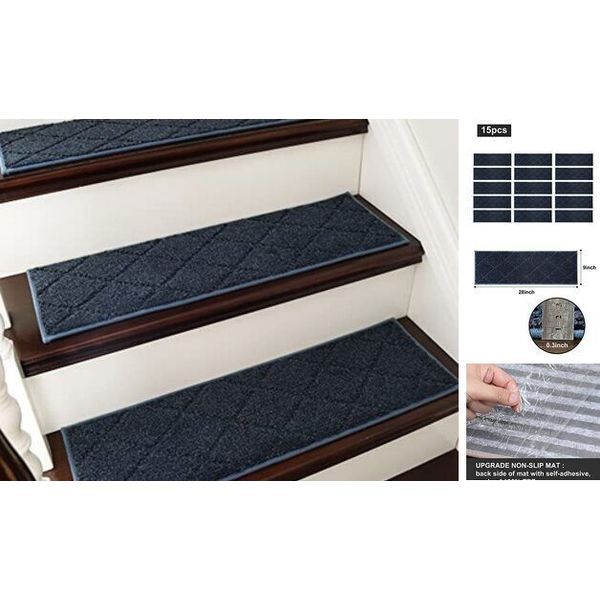 Edging Stair Treads Non-Slip Carpet Mat 28inX9in Indoor Stair 15pc Navy