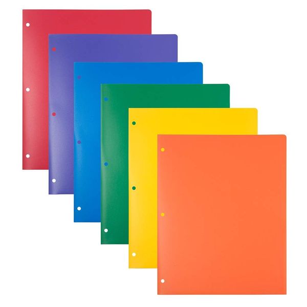 JAM PAPER Heavy Duty Plastic 3 Hole Punch Pocket Folders - Extra Tough School Folders - Assorted Primary Colors - 6/Pack