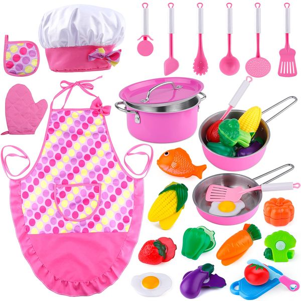 INNOCHEER Play Food for Kids Kitchen Cooking Playing Set, 26 PCS kids kitchen playset Accessories with Chef Hat Apron Dress Up, Toddler Cooking Chef Costume Set for 3 4 5 6 Year Old Girls Boys