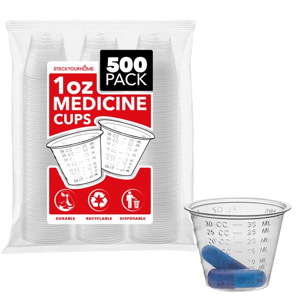 Stock Your Home 1 oz Disposable Medicine Cups (500 Count) - Clear Plastic Measuring Cups - Embossed Medicine Cups for Pills, Liquid Medicine, Epoxy, Cooking, Food Sampling, Wine Tasting, Jello Shots