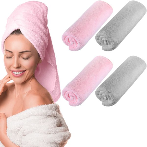 4 Pcs 20 x 40 Large Microfiber Hair Towel for Long Hair Quick Dry Hair Towel Absorbent Hair Towels Anti Frizz Drying Towel Hair Towel Wrap for Curly Hair Long Short Hair Women Girls, Pink and Gray