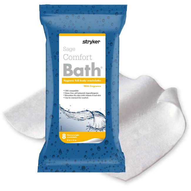 Stryker - Sage Comfort Bath Cleansing Washcloths - 44 Packages, 352 Cloths - Fresh Scent, No-Rinse Bathing Wipes, Ultra-Soft and Heavy Weight Cloth, Hypoallergenic