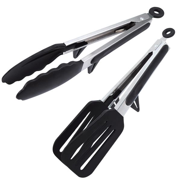 Goalfly Kitchen Tongs with Resting Gadget, 9 Inch Silicone Spatula Tong, Stainless Steel Non-Stick Basic Cooking Tong, Suitable for Baking, Frying, Serving