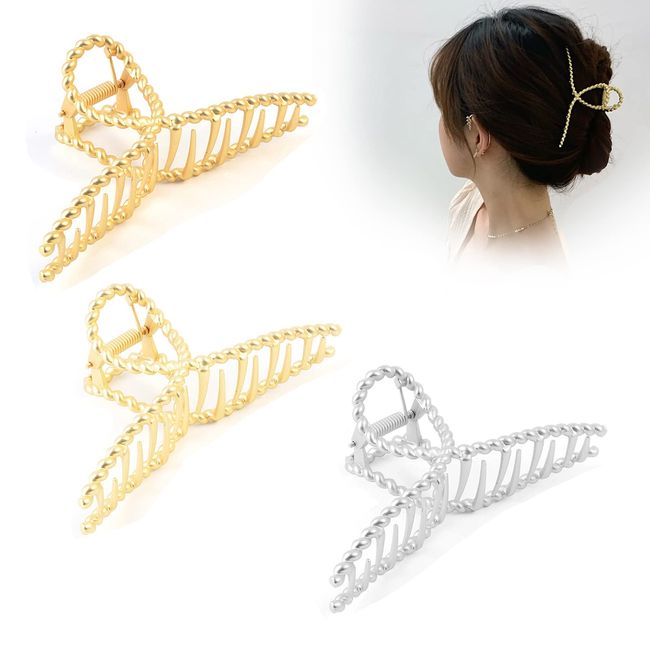 3 PCS Metal Claw Hair Clips, BetterJonny Nonslip Threaded Golden Claw Clips Large Strong Hold Hair Clips for Thick Hair for Women Girls (4.5inch,Silver + Gold + Matte Gold）