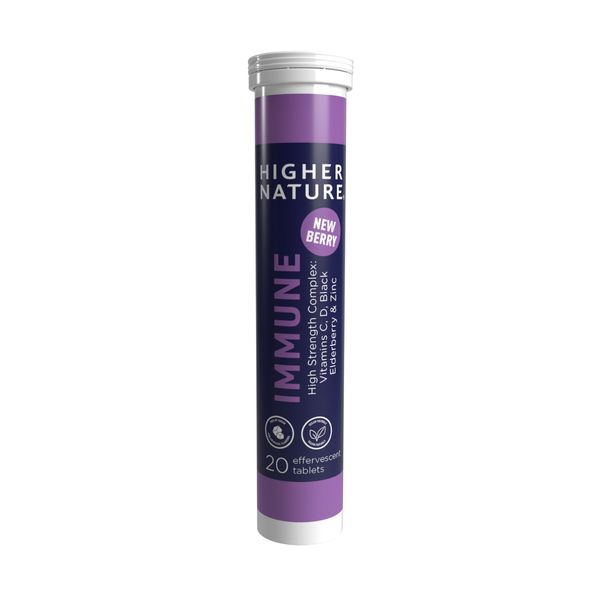 Higher Nature - Immune Effervescent - Easy to Take Immune Support - Vitamin C, D & Zinc - No Artificial Sweeteners – Blackcurrant and Elderberry Flavour - 20 Tablets