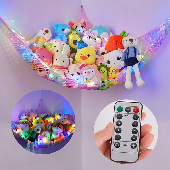 Basumee Stuffed Animals Net or Hammock with LED Light Hanging Toy Net Hammock for Stuffed Animals Storage Stuff Animals Hammocks for Nursery Kids Room with Remote Control, 8 Kinds of Lights(Pack of 1)