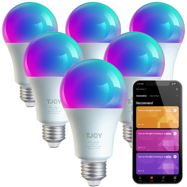 TJOY 6 Pack Alexa Smart Led Bulbs, WiFi Led Light Bulb Works with Alexa&Google Home, RGB Color Changing Light Bulb, App Control (2.4Ghz Only), A19 E26 9W (60W Equivalent),2700-6500K, 800 Lumen