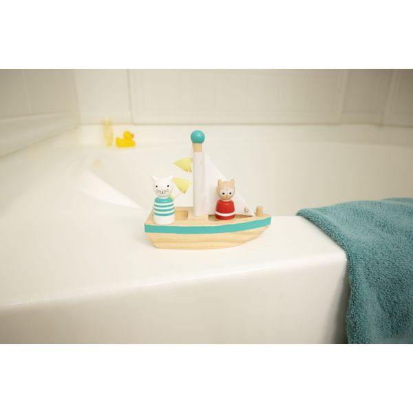 Boats and Buddies- Owl and Pussycat by Jack Rabbit Creations- 3 Piece Wooden Floating Bath Toys- Includes 2 Removable Play Figures- Water Table, Sink and Bathtub Fun for Toddlers 3+