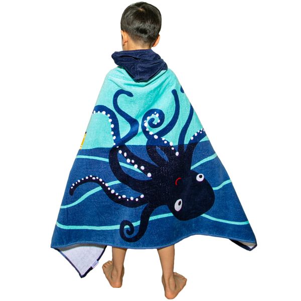 Boys Hooded Beach Bath Towel, 100% Cotton Bathrobe Kids Cartoon Hooded Bath Blanket Swimming Towel Surfing Poncho, 30"*50", Squid