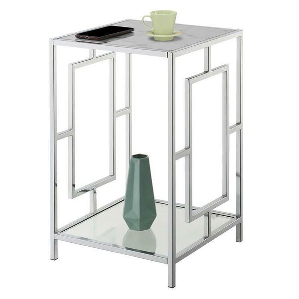 Town Square Chrome Metal End Table with White Faux Marble Top and Clear Glass