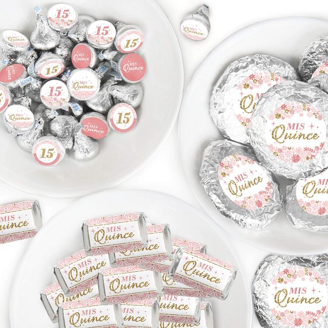 Big Dot of Happiness Mis Quince Anos - Mini Candy Bar Wrappers, Round Candy Stickers and Circle Stickers - Quinceanera Sweet 15 Birthday Party Candy Favor Sticker Kit - 304 Pieces