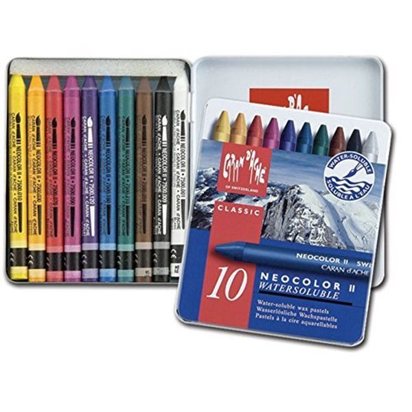 Caran Dache Set Of 10 Neocolor II Artist Sketching Watersoluble Wax Oil Pastels In Metal Case Set 7500_310 by Caran d'Ache