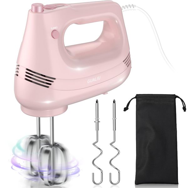 GUALIU Electric Hand Mixer with Stainless Steel Whisk, Dough Hook Attachment and Storage Bag, Handheld Mixer for Baking Cakes, Eggs, Cream Food Mixers. Turbo Boost /5 Speed Kitchen Blender PINK