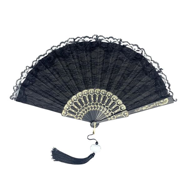 HNJUSR Spitze Fächer Hochzeitsfächer Brautfächer Faltfächer Tanzfächer Für Hochzeit mit Anhänger Handfächer Spitze für Schauspiel Tanz Fecher Damen für Abschlussball Party Hochzeit (Schwarz)