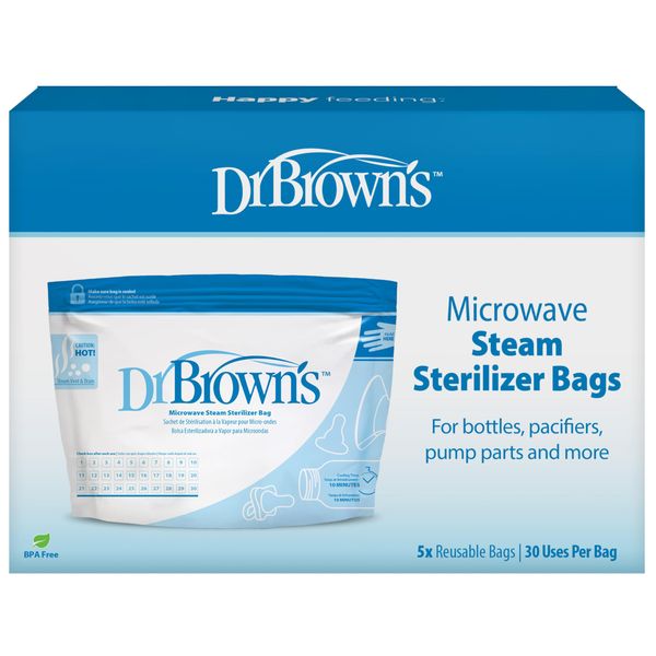 Dr. Brown’s Microwave Steam Steriliser Bags for Baby Bottles, Travel Steriliser, Reusable Steriliser Bags, Hospital-Grade Sterilising Bags, 5-ct