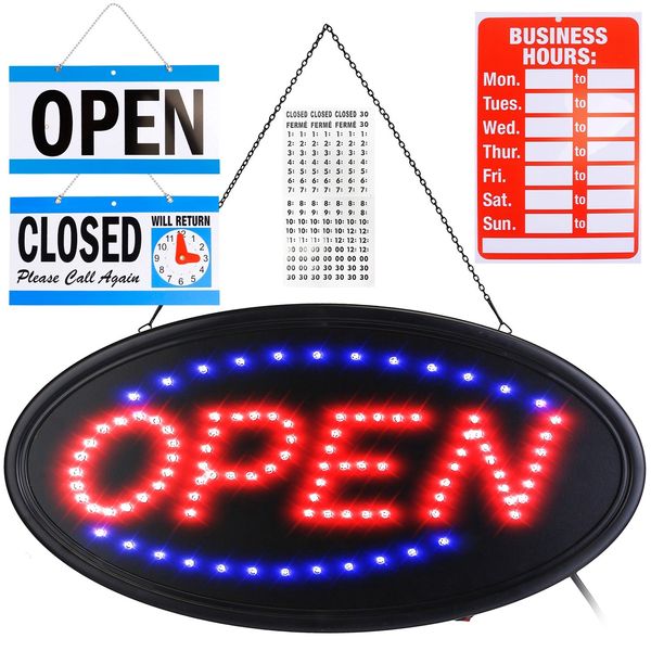 LED Open Sign 18.7x9.45in Business Neon Open Sign Advertisement Board with Steady Flashing Modes Business Hours and Open Closed Sign - Black