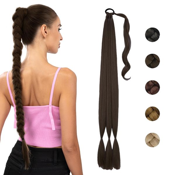 QESSUVNC Braid Extensions Pferdeschwanz VerläNgerung Mit Haargummi 80cm Langes Geflochtenes Pferdeschwanz Braid Extensions Pferdeschwanz Lang Glatt Pferdeschwanz (Dunkelbraun)