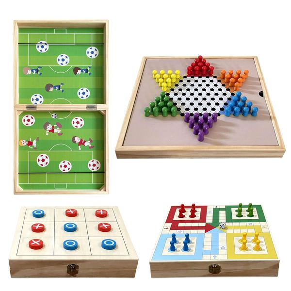 Double Sided 4-in-1 Board Games - Fast Sling Puck Game | Ludo Board Game | Tic Tac Toe Game | Chinese Checkers Board Game | Family Board Games for Kids and Adults | Wooden Board Games for Family Night