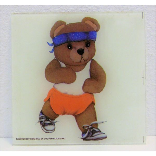 Vintage 1980's Teddy Bear Athlete Glass Wall Tile Art for Hanging or Display