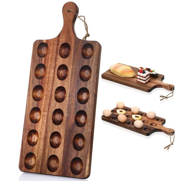 Gerrii Reversible Wooden Deviled Egg Platter Deviled Egg Tray Charcuterie Board Acacia Deviled Egg Holder Cutting Board Cheese Serving Tray (17 x 7 Inch, 18 Holes)