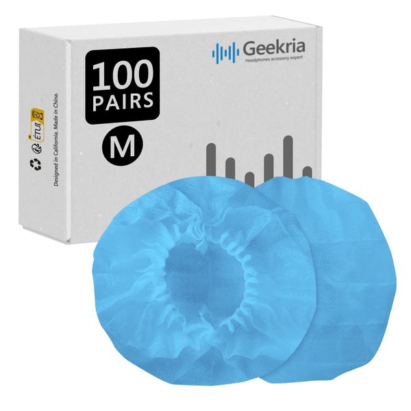 GEEKRIA 100 Pairs Disposable Headphones Ear Cover for Over-Ear Headset Earcup for Bulk Pack, Stretchable Sanitary Ear Pads Cover, Hygienic Ear Cushion Protector Wholesale Multi-Pack(M/Blue)