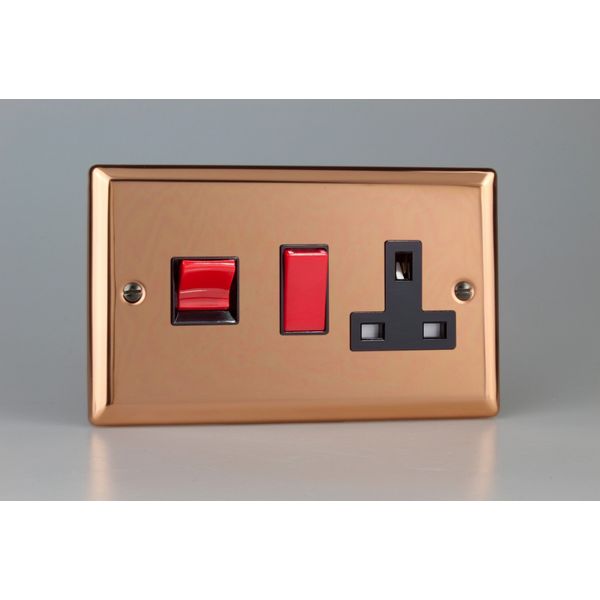 Varilight 45A Cooker Panel with 13A Double Pole Switched Socket Outlet (Red Rocker) Polished Copper