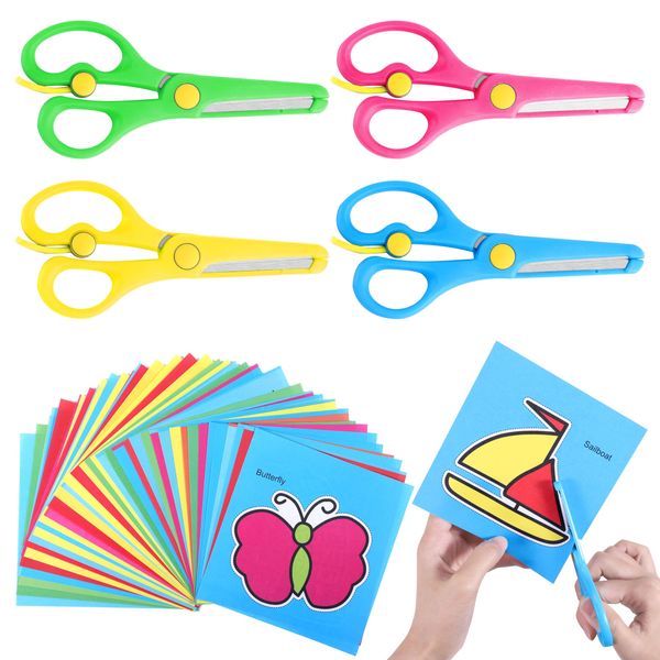 4 Pcs Kids Scissors with 93 Colorful Animal Paper-Cuts, Childrens Safety Stainless Steel Scissors Safety Edge Plus Stretch Design Right/Left Handed Scissors