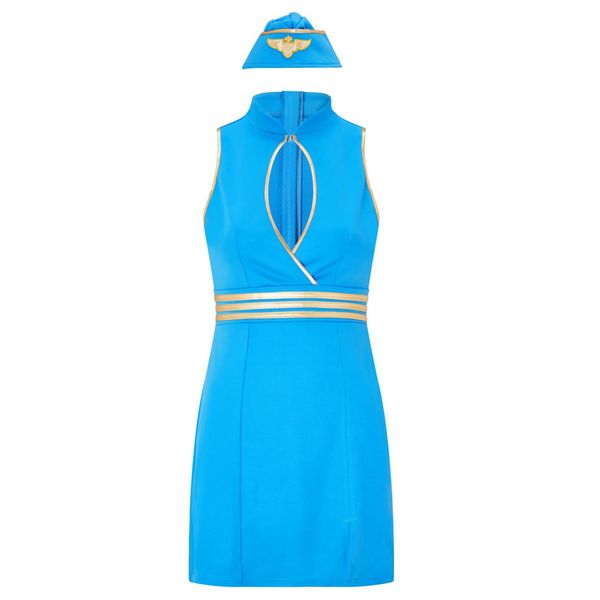 Ann Summers - Sexy Air Hostess Outfit, Adult Fancy Dress Costume, Cabin Crew Dress Up Outfit, Air Hostess Roleplay, Mini Bodycon Dress for Women - Blue/Gold