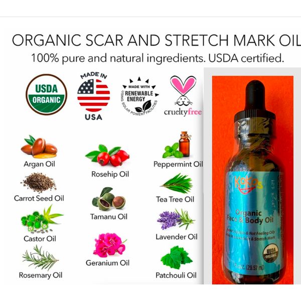 KOKOS Organic face and body oil, scar, stretch mark,Rosehip, Wheat Germ, Argan, Tamanu, Carrot, Rosemary, Lavender, Geranium, Patchouli, Sage oil