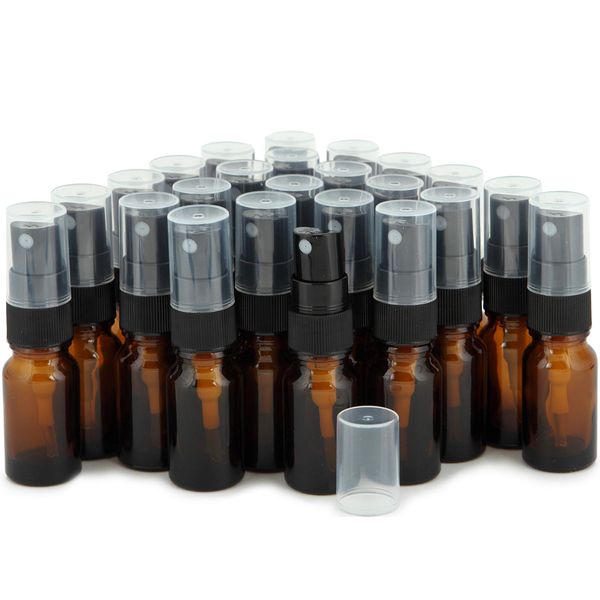 Vivaplex, 24, Amber, 10 ml (1/3 oz) Glass Bottles, with Black Fine Mist Sprayer's