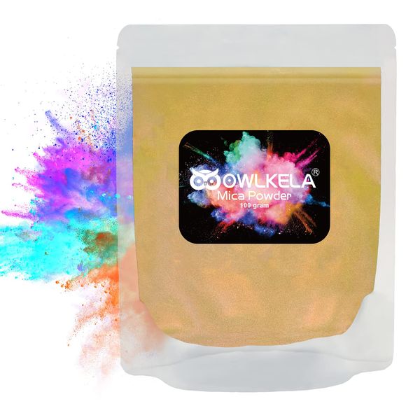 OWLKELA 100g (3.5 oz) Glitter Mica Powder - Pigment Cosmetic Epoxy Resin Dye for Soap/Candle Making, Epoxy Resin Art, Acrylic Nail Paint, Bath Bombs, Fine Arts, Lip Gloss - 10 Color Available - Gold