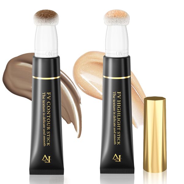 FV 2PCS Cool Toned Contour & Liquid Highlighter Stick, Blendable & Natural Finish Cream Contour Makeup Set, Long Lasting Face Illuminator & Shaping Stick, Cruelty-free & Vegan, 02&04