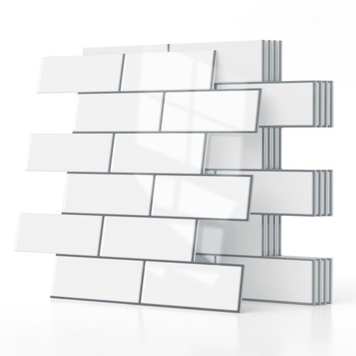 WADILE 3D Self-Adhesive Wall Tiles, Set of 5 Aluminium Foil Foam Panels, Waterproof PVC Wall Stickers for Kitchen & Bathroom, White Brick Look Wall Cladding