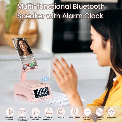 JTEMAN Gifts for Men Women,Cell Phone Stand with Wireless Bluetooth Speaker,Adjustable Cool Tech Kitchen Gadgets,Unique Birthday Gift Idea for Him, Husband, Boyfriend（Pink）