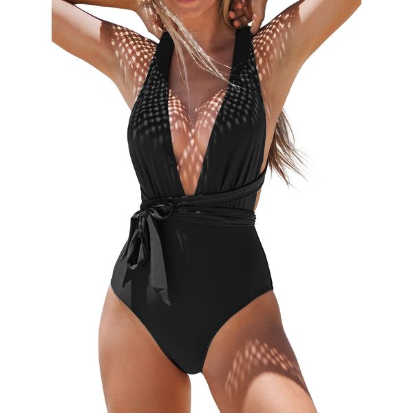 CUPSHE Women's One Piece Swimsuit Deep Plunge Crisscross Back Self Tie Swimwear Bathing Suit Swimming Costume Black M