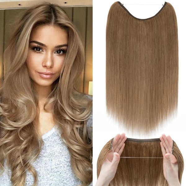 22inch Invisible Wire In Hair Extensions Real Remy Human Hair One Piece Natural Hairpiece Extensions #06 Light Brown