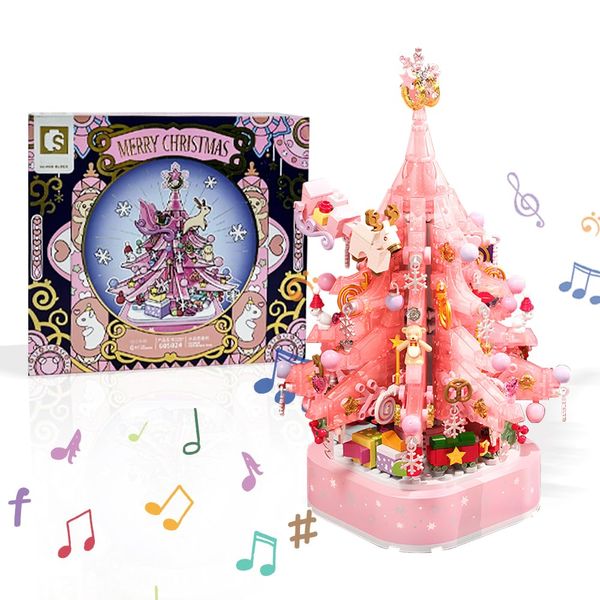 BOOSHAK Christmas Tree Building Blocks, Christmas Music Box with LED Light Rotating Christmas Bricks Toy for Boys Girls, Pink Christmas Tree