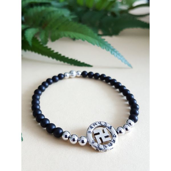 Wish-fulfilling prayer beads bracelet Om Mani Padme Hum (silver 925 oil painting) &amp; Swastika (silver 925) Wish-fulfilling, prayer beads bracelet - matte onyx