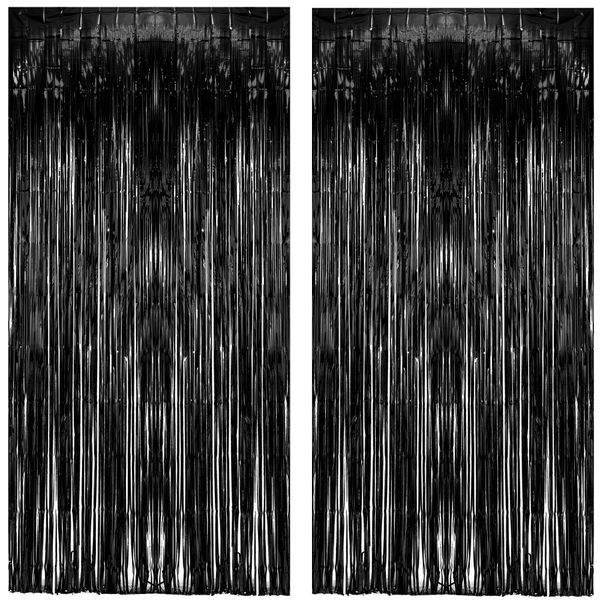 Black Tinsel Foil Fringe Curtain - GREATRIL Party Backdrop Streamers for Birthday/Wizard/Wednesday/Stranger Theme/Halloween/Graduation/Doorway/Christmas Party Decorations 2 Pack